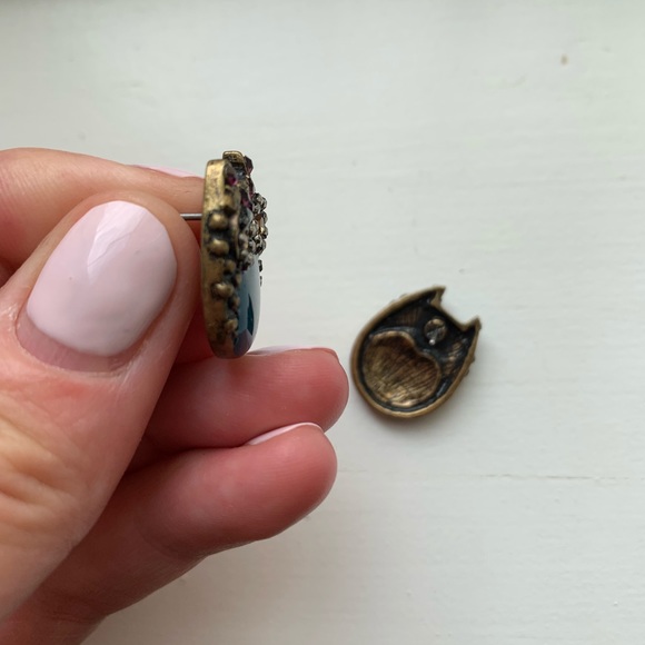 Cute brass & turquoise enamel owl earrings - Picture 6 of 7